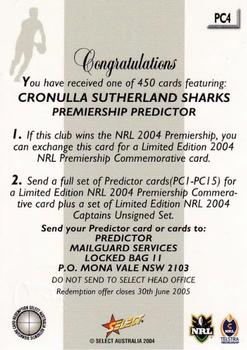 2004 Select Authentic - Premiership Predictors #PC4 Cronulla Sharks Back